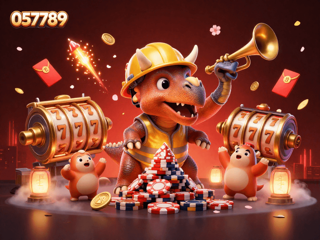 Engage in the thrilling slot action at 057789 with festive characters and vibrant casino elements.
