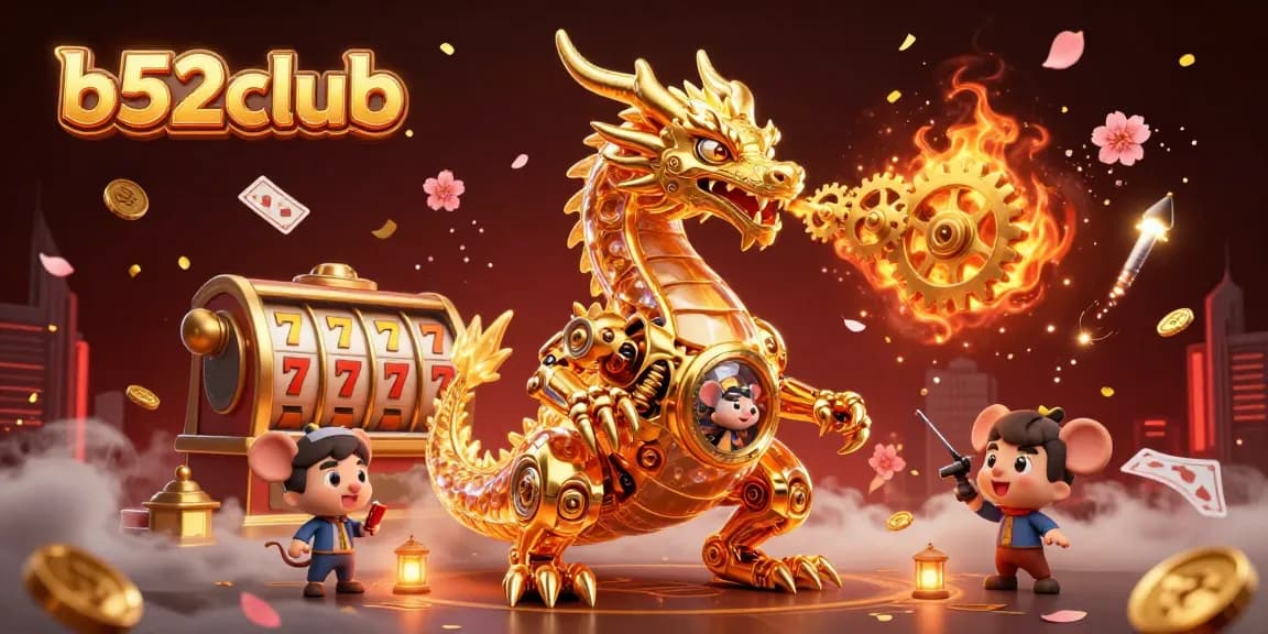Experience excitement at b52club's dynamic gaming world with golden dragons and lively casino elements.