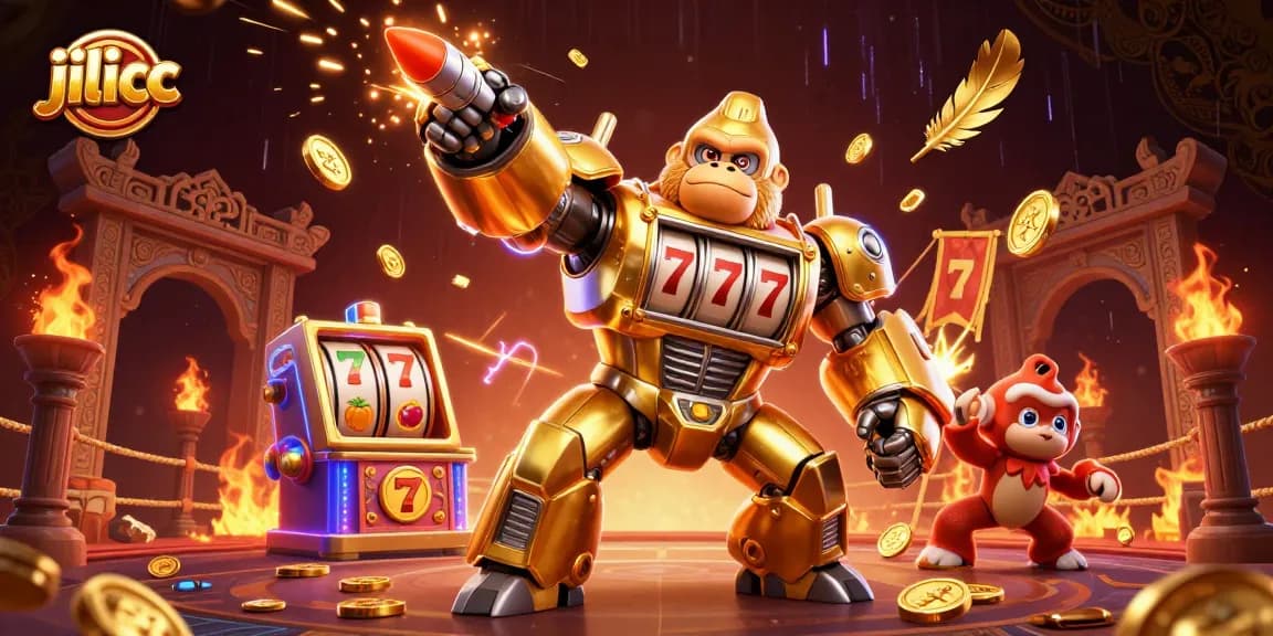 Experience the thrill of jilicc with a golden gorilla mech and vibrant slot elements in a dynamic casino scene.