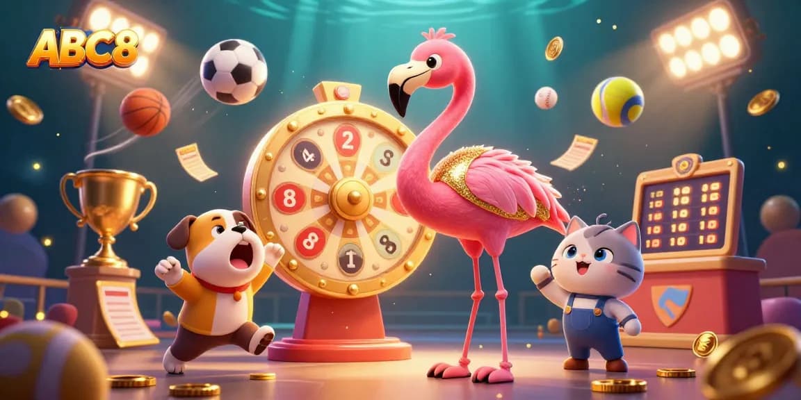 ABC8 gaming illustration featuring a dynamic scene with a flamingo game host and sports elements.