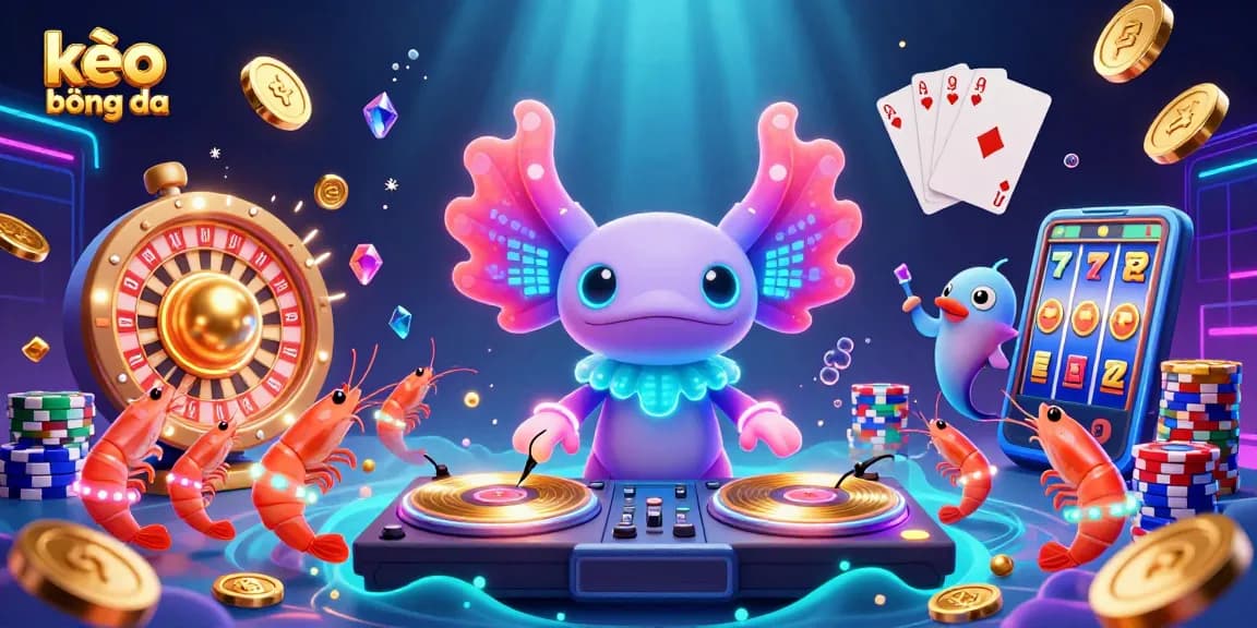 Engaging kèo bóng đá action featuring vibrant axolotl DJ and dynamic casino elements.
