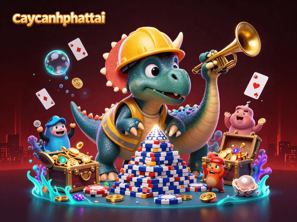 Engage in the excitement of caycanhphattai with 3D dinosaurs celebrating as they build poker chip pyramids.