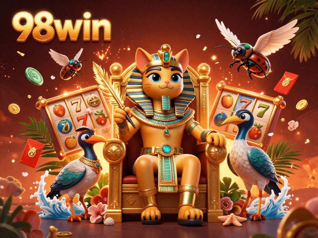 Explore the vibrant scene of 98win, showcasing a pharaoh cat amid dynamic casino elements.