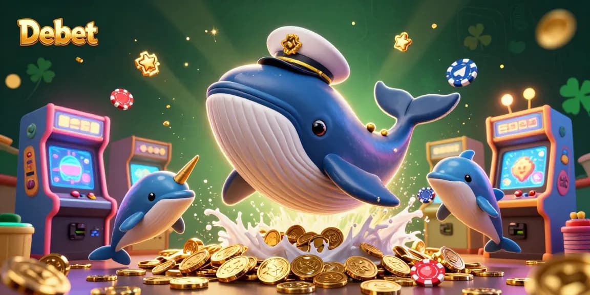 Join Debet in a vibrant 3D casino adventure with characters enjoying games and coins!