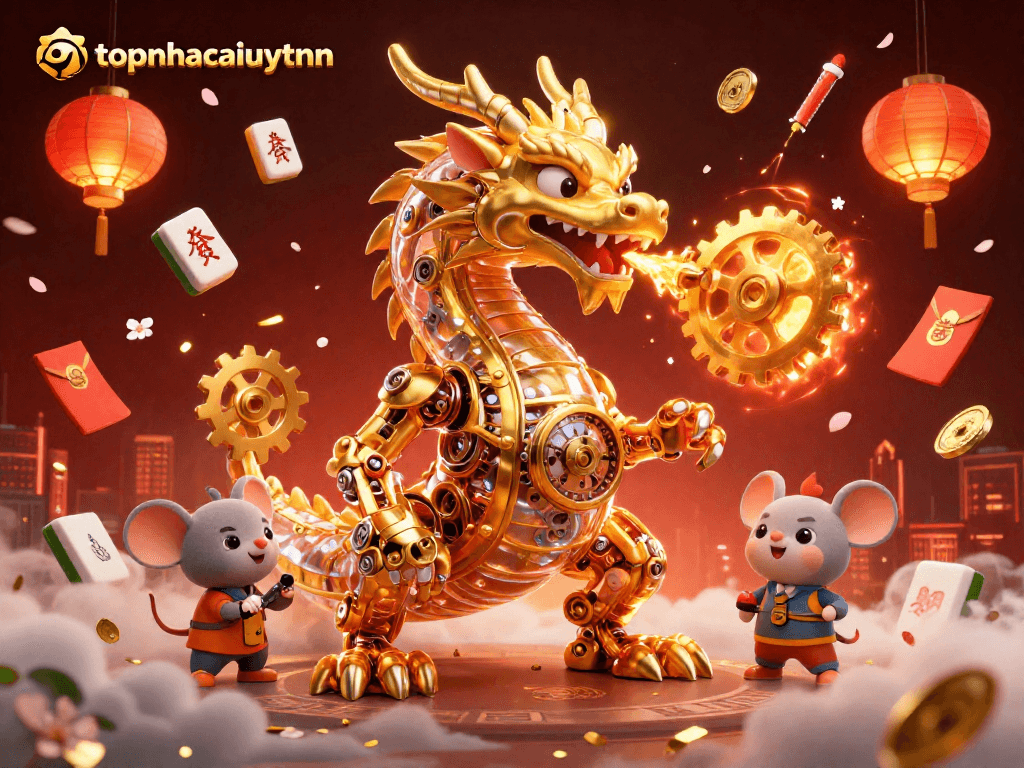 The stunning illustration showcases topnhacaiuytinn with a mechanical dragon and dynamic gambling elements, offering an immersive gaming atmosphere.
