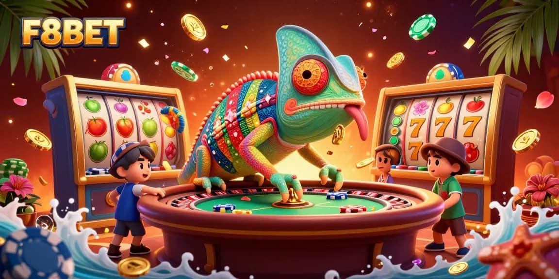 Engage with F8BET's vibrant online gaming world full of slots, chameleons, and treasures.
