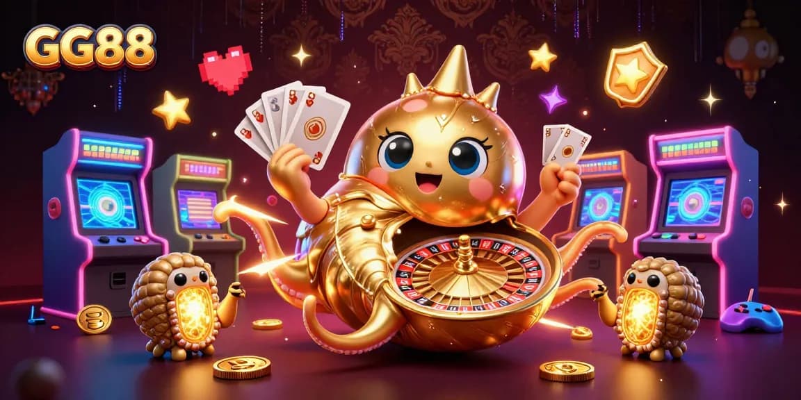 Engage with GG88's vibrant 3D casino scene featuring a gigantic nautilus roulette and glowing game elements.
