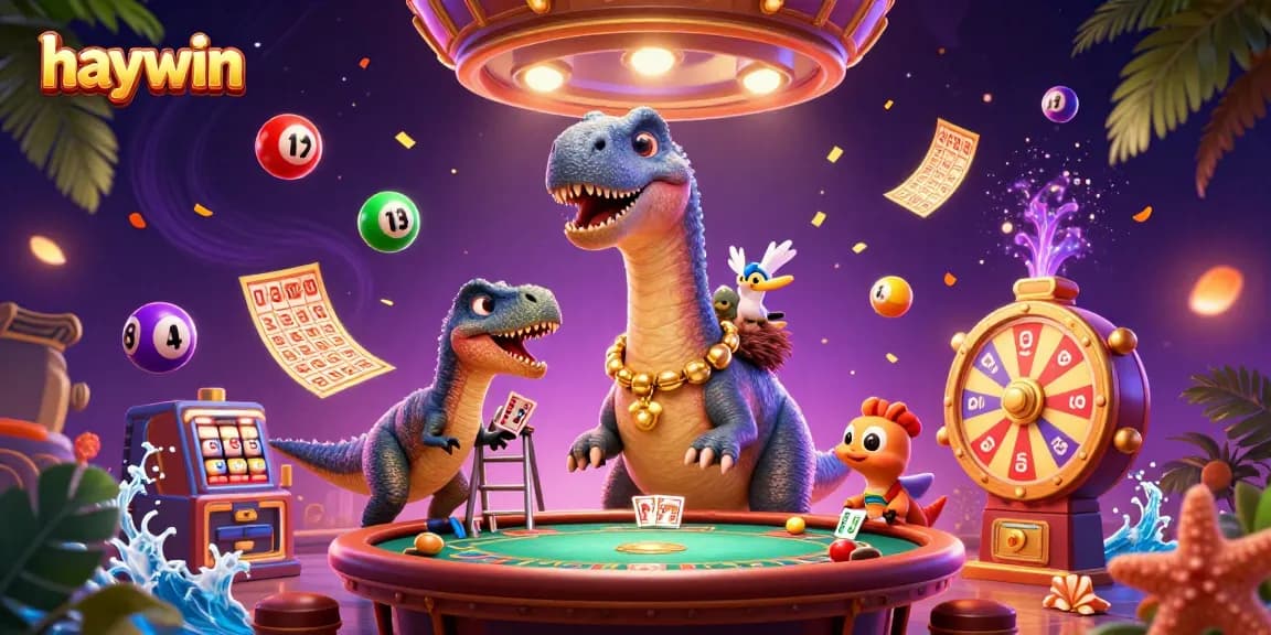 Experience thrilling gameplay with Haywin as a giant cartoon dinosaur oversees a bustling casino scene.