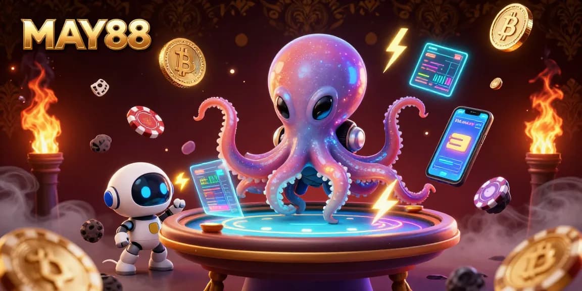 MAY88 showcases an alien octopus expertly managing a futuristic poker table amidst dynamic crypto elements.