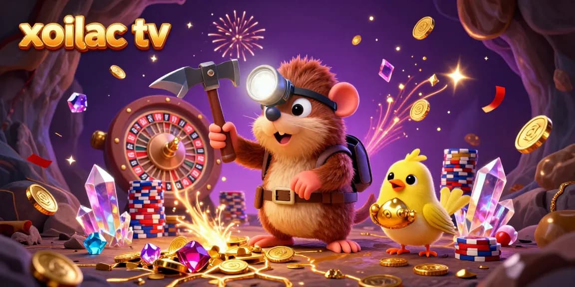Xoilac TV showcases a dynamic scene with a treasure hunter mole amidst cascading golden coins and 3D roulette wheels.