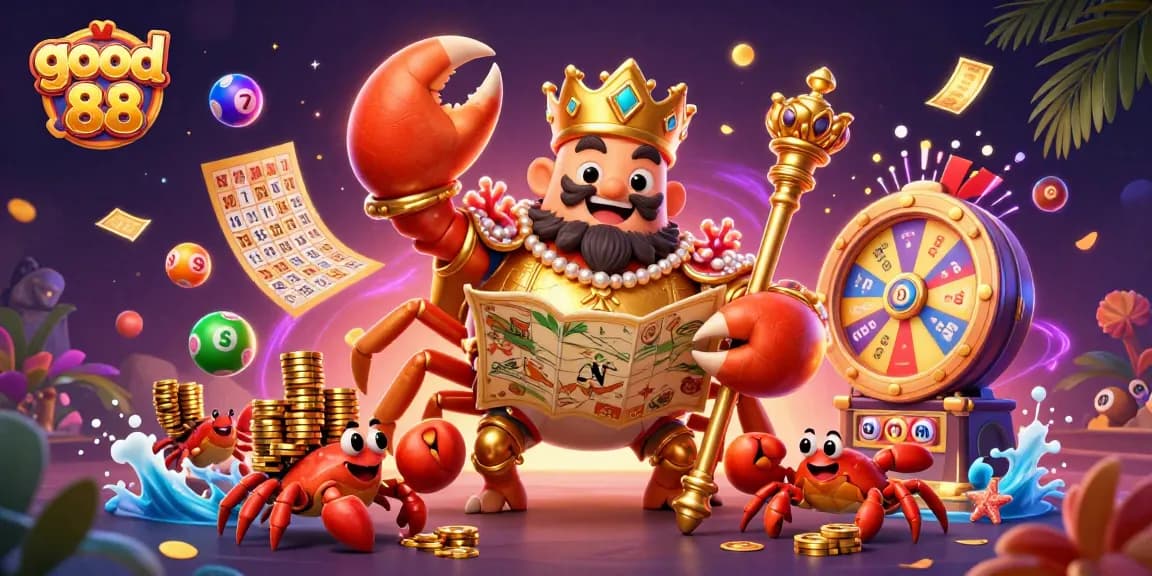 Engage with good 88 treasures as the crab emperor oversees exciting online casino games and lottery fun.