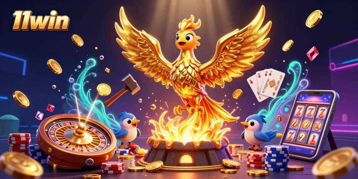 Experience winning moments at 11win with a dynamic casino scene featuring a molten phoenix and vibrant game elements.