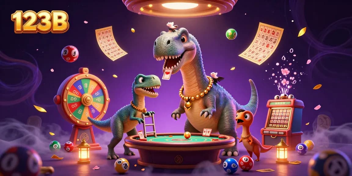 123B engages players with a lively scene featuring a brontosaurus at a casino table amidst lottery balls and golden tickets.