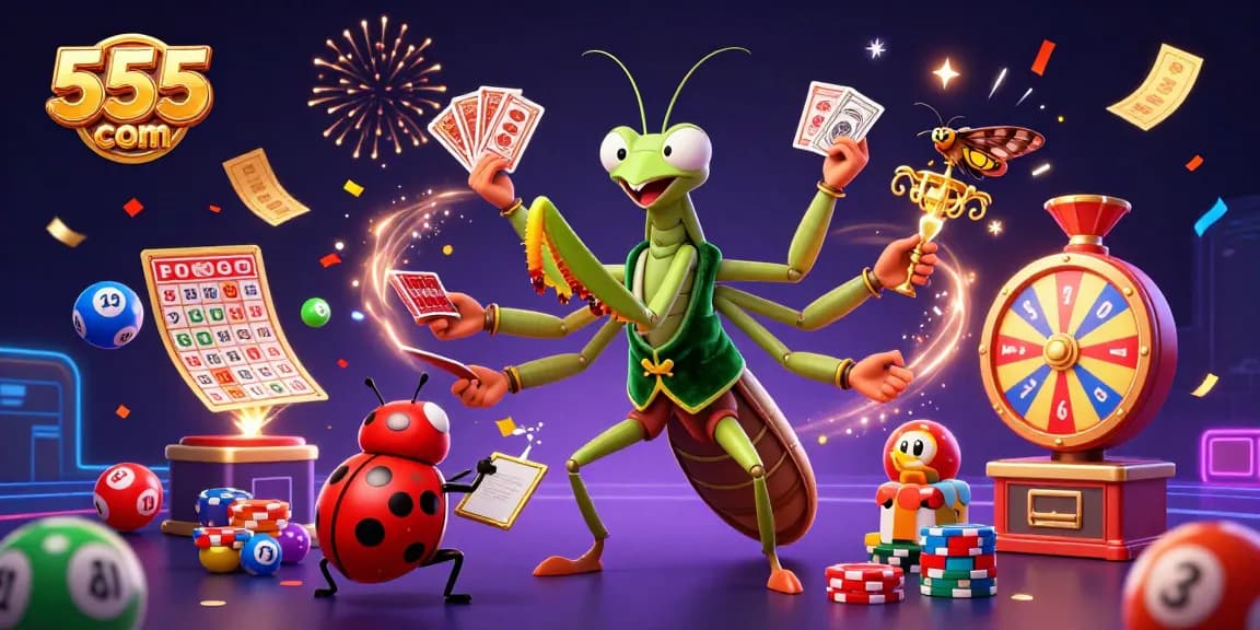Engage in thrilling games at 555win com with a vibrant scene of cartoon characters and colorful game elements.