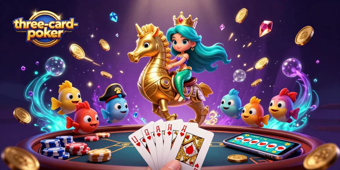 Experience three-card-poker thrills with mermaids, coins, and poker chips in vibrant underwater scene.