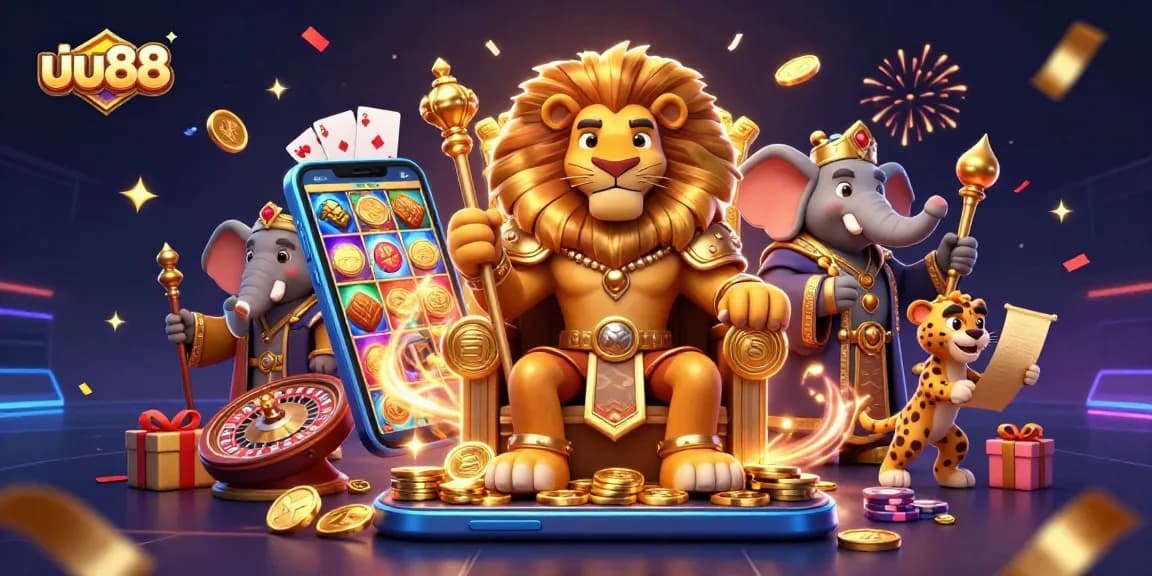 Experience the excitement of uu88 with a vibrant casino scene featuring a lion king and rich graphics.