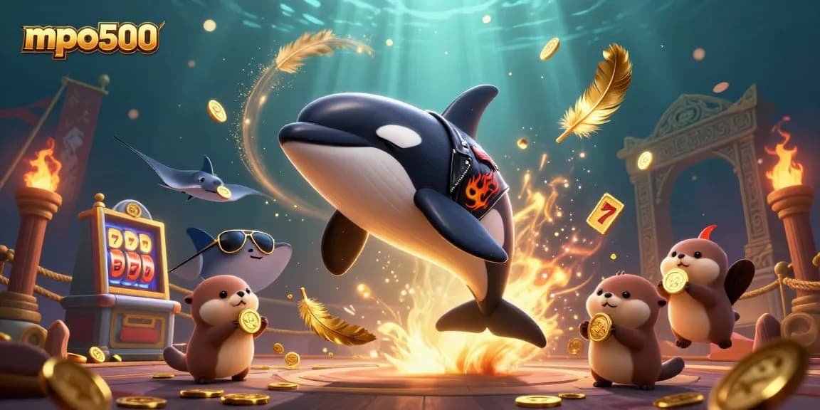 MPO500 casino image showcasing an orca whale and otters celebrating alongside slot machine elements.