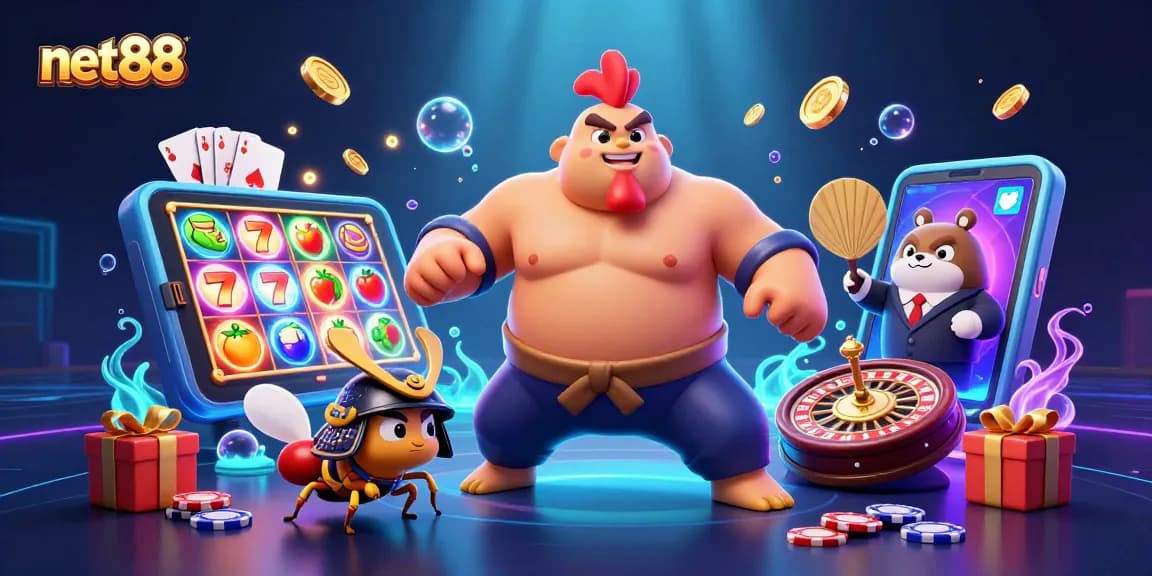 Experience vibrant gaming action with net88 featuring a charismatic sumo rooster amidst exciting slot game elements.