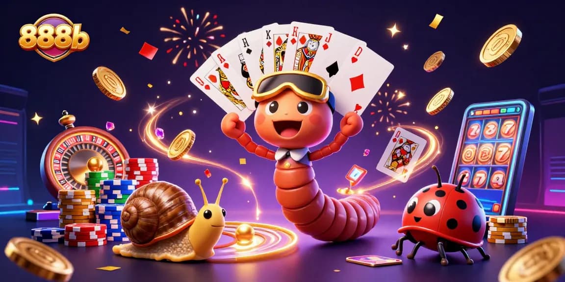 Join 888b's lively casino scene with a whimsical millipede dealer and colorful game elements!