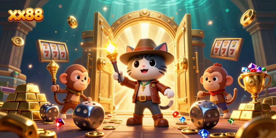 Engage in thrilling gameplay at xx88 with a vibrant illustration showcasing casino treasures and adventure.