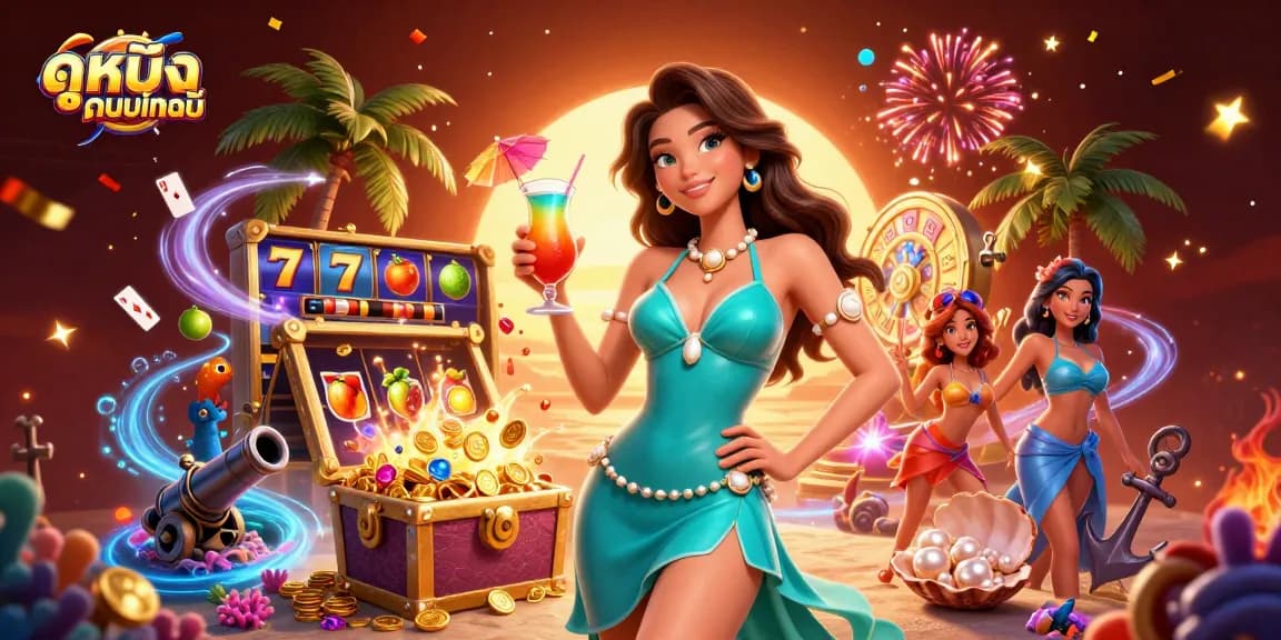 Engage with ดูหนังออนไลน์ audiences as the stunning Asian woman enjoys a vibrant casino scene with lively elements.
