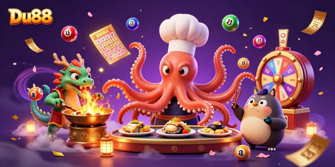 Engage with Du88's vibrant casino world featuring an octopus chef, dragon, and rich gaming elements.
