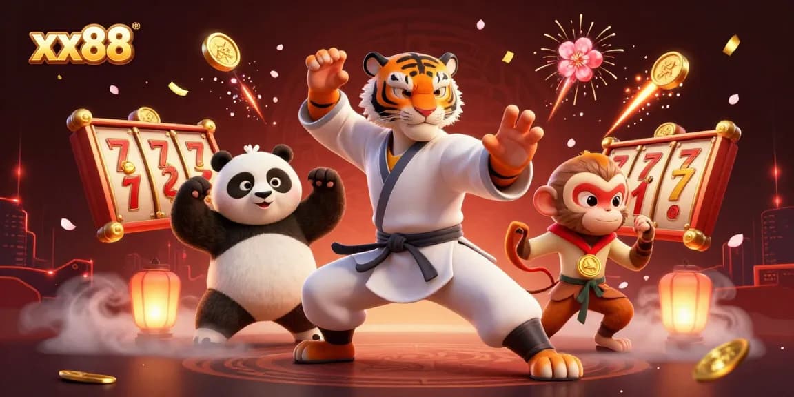 Engage in exciting gameplay at xx88, featuring a dynamic casino scene with animated characters and slot reels.