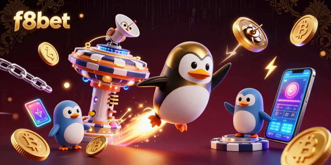 Experience thrilling gameplay at f8bet, featuring a vibrant 3D scene of a golden penguin and casino elements.