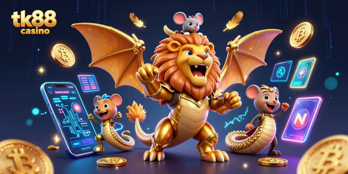 Engage in thrilling gameplay at tk88 casino with a vibrant 3D chimera and crypto elements.