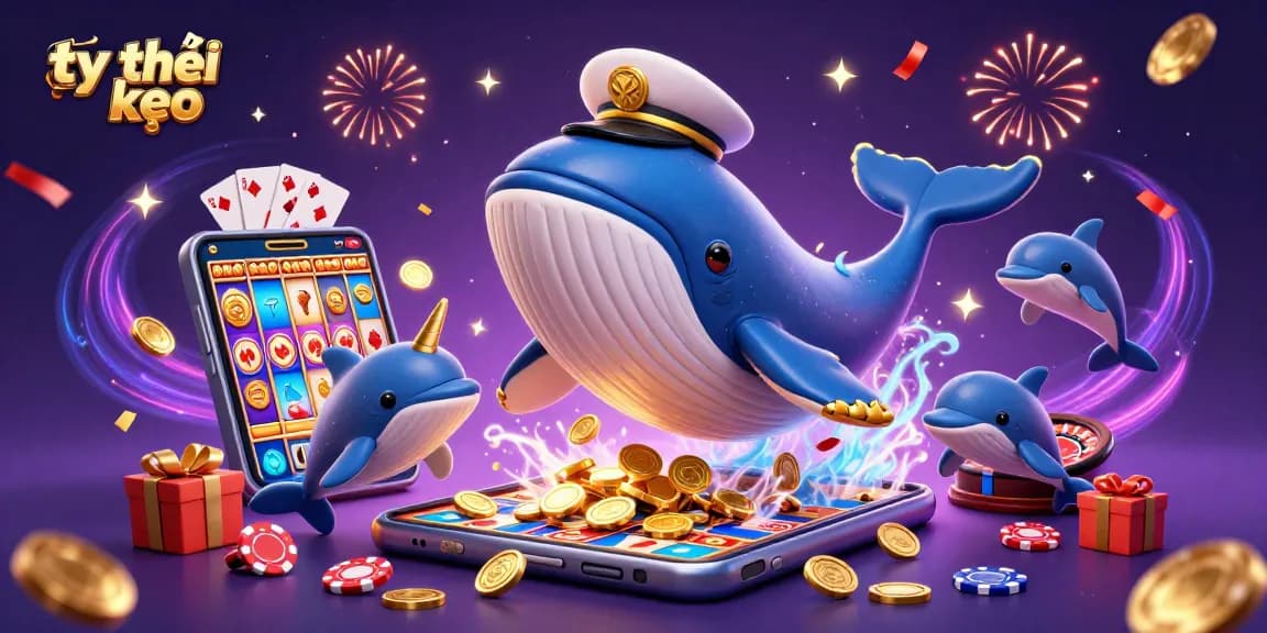 Experience thrilling tỷ lệ kèo action as a cartoon whale breaching in coins surrounded by playful dolphins and gaming elements.