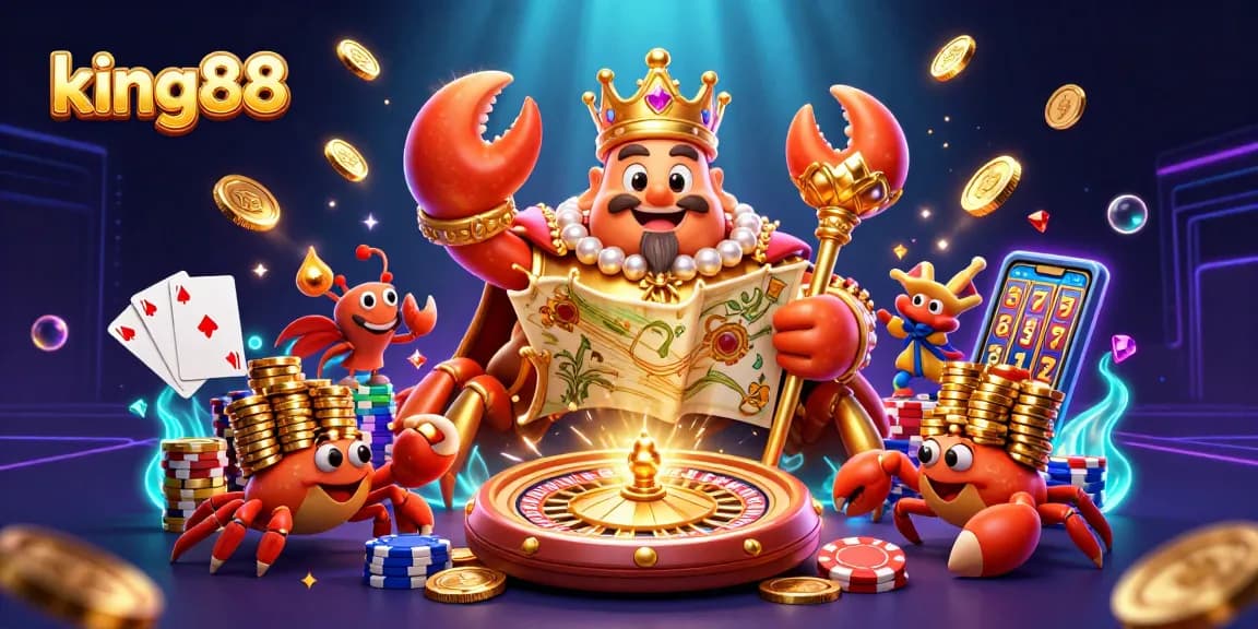 Experience the excitement of king88 with a vibrant underwater casino scene featuring a golden crab emperor and golden treasures.