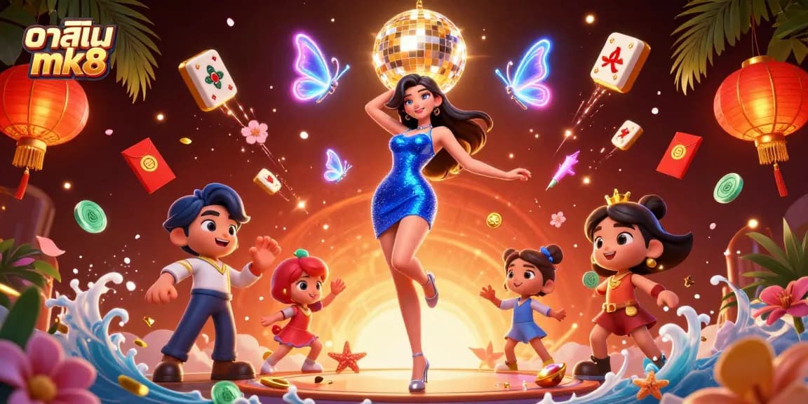 Experience the excitement of คาสิโน mk8 with a vibrant 3D illustration showcasing neon lights and dynamic gaming elements.