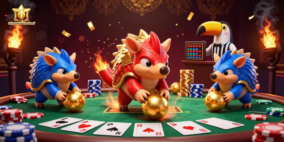 Engage with taigamebaidienthoai as rival pangolins playfully compete in poker amidst colorful casino elements.