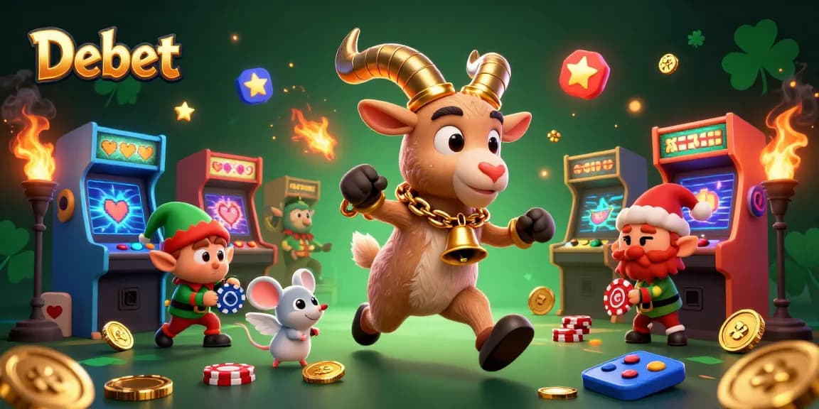 Experience Debet with a Krampus goat managing a chaotic holiday casino scene full of vibrant gaming elements.
