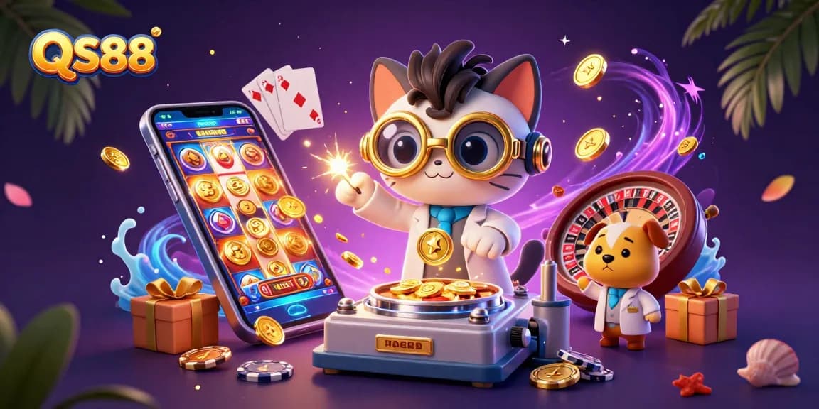 Experience thrilling gaming action at QS88 with a lively 3D gambling environment featuring vibrant slots and golden coins.