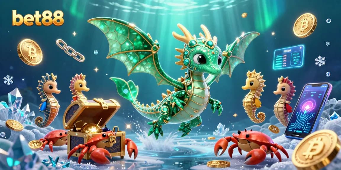 Experience the excitement of betting at bet88 with vibrant 3D dragons and cryptocurrency elements.