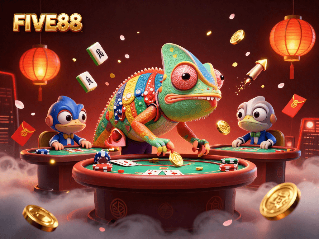 Engage with FIVE88's thrilling poker scene featuring a vibrant chameleon owner amidst festive casino elements.