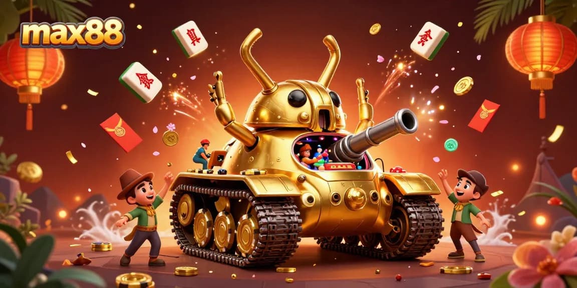 Experience the vibrant max88 casino gameplay with a dynamic 3D illustration of a golden tank casino.