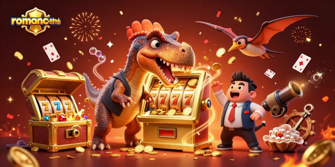 Experience thrilling wins at romance-search with animated characters celebrating slot jackpots and coin showers.