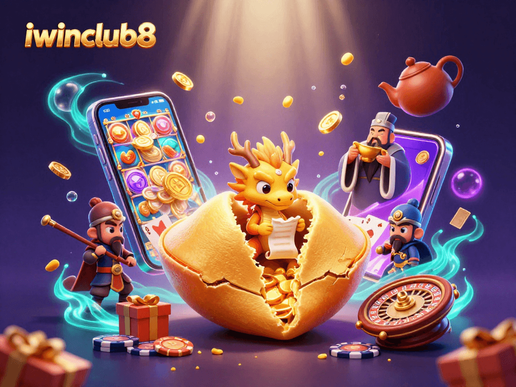 Spin the reels with iwinclub8 featuring vibrant characters and casino elements in a festive scene.
