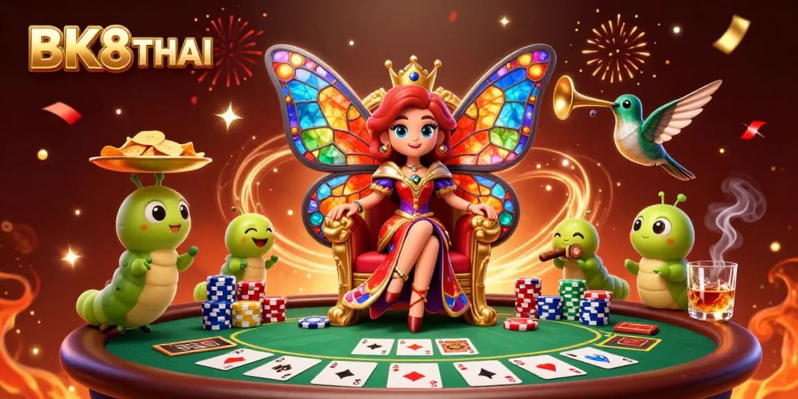 Experience BK8THAI with this vibrant 3D casino scene featuring a butterfly queen and poker elements.