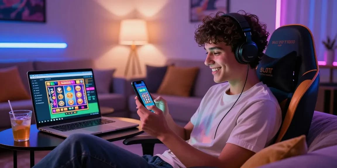 Excited user engaging with the SLOT7000 gaming platform on a smartphone, showcasing vibrant gaming atmosphere.