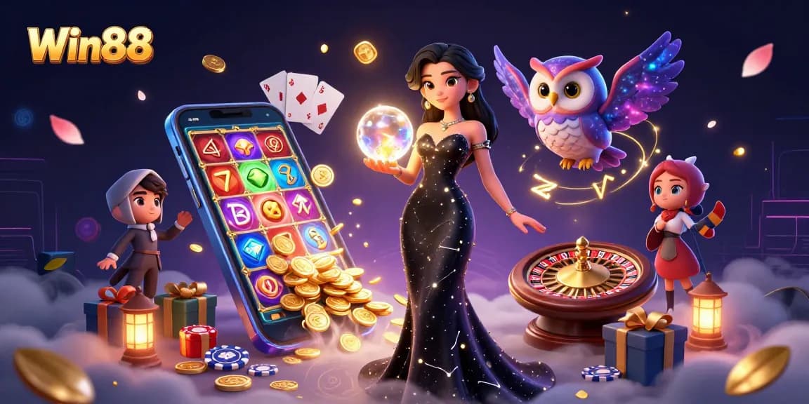 Win88 casino illustration showcasing a mystical woman and owl amidst vibrant gaming elements.