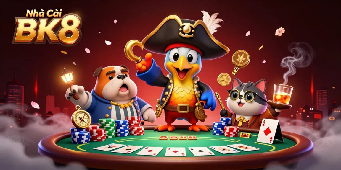 Engage with the thrilling atmosphere of Nhà Cái BK8's casino scene featuring a vibrant poker match with colorful chips.