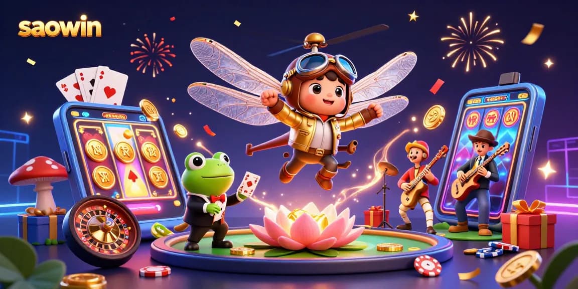 Play slots and win at Saowin with a vibrant casino scene featuring a dragonfly pilot and frog croupier.