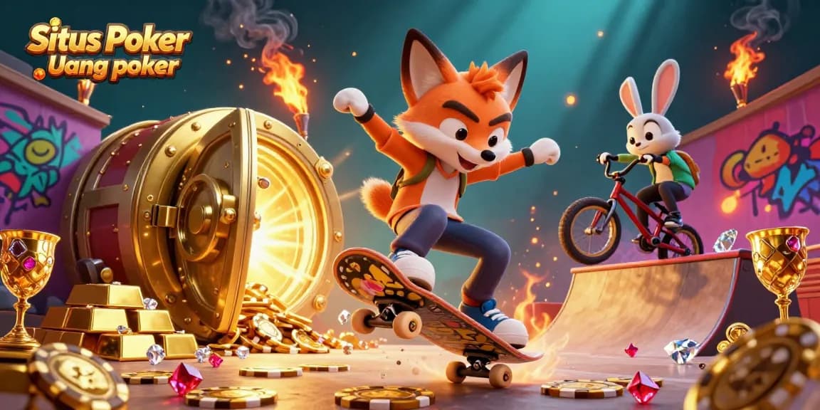 Situs Poker Uang Asli Dewapoker illustration showcasing a vibrant poker scene with characters and casino elements in action.