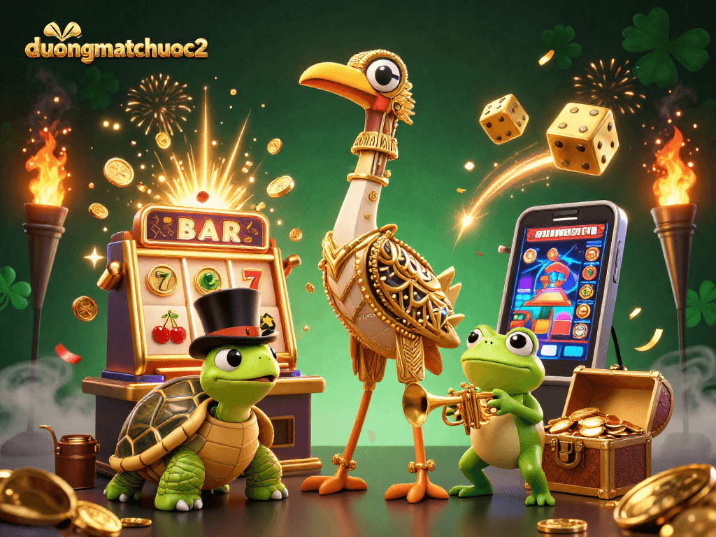 Engage with duongmatchuoc2 featuring a lively 3D illustration of characters amidst a jackpot explosion of coins and colorful game elements.