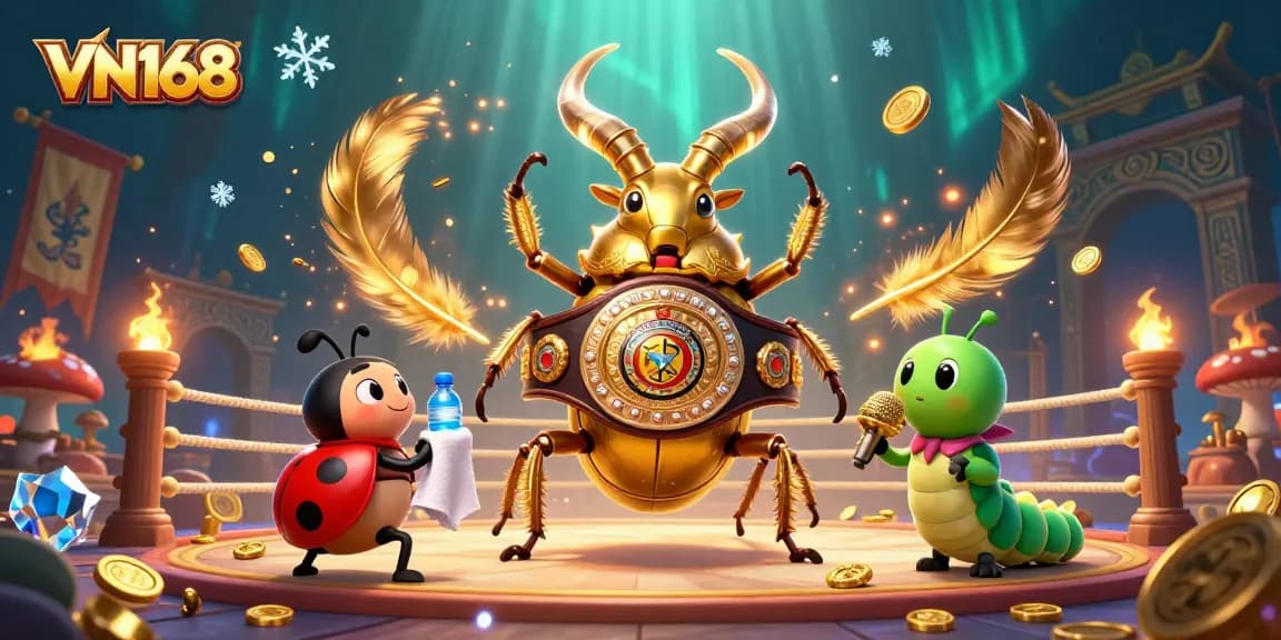 Engage in thrilling gameplay with VN168's vibrant 3D illustration featuring a boxing beetle champion.