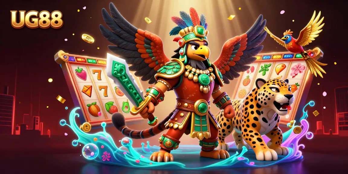 Engage in thrilling gameplay at UG88 with vibrant slot reels amidst Aztec warriors.