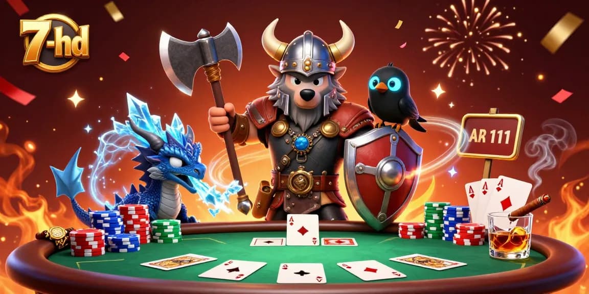 Engage with the exciting 7-hd casino experience featuring a Viking wolf warrior, dragon and raven in a rich gambling scene.